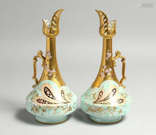 A GOOD PAIR OF M. REDON, LIMOGES, TALL BULBOUS JUGS, gilt an...