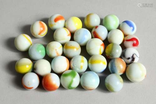 A COLLECTION OF THIRTY VARIOUS COLOURED MARBLES 1-1.5cm.