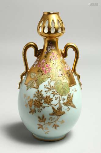 A GOOD M. REDON, LIMOGES TWO HANDLED VASE, with flowers and ...