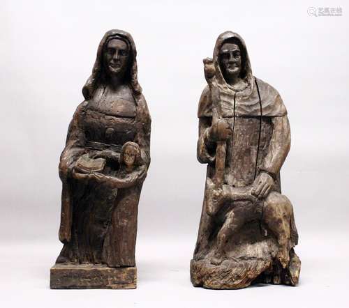 A GOOD PAIR OF 16TH /17TH CENTURY CARVED OAK RELIGIOUS FIGUR...