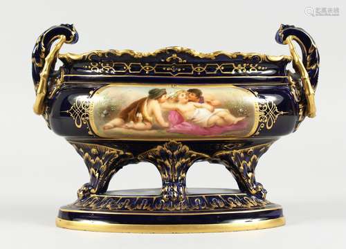 A 19TH CENTURY VIENNA PORCELAIN OVAL JARDINIERE, rich blue g...