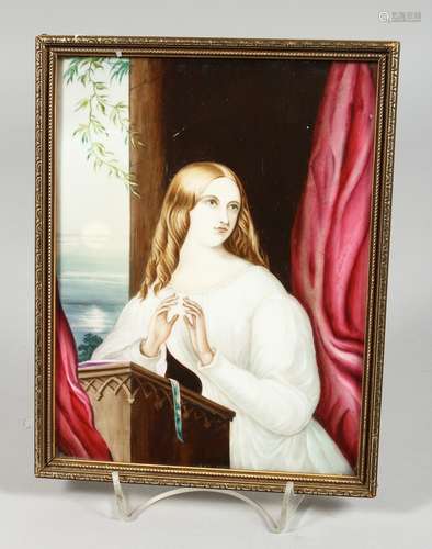 A GOOD CONTINENTAL OVAL PORCELAIN PLAQUE, young girl at a le...