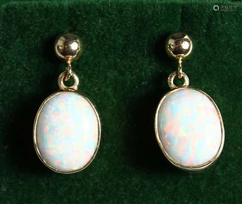 A PAIR OF 9CT. GOLD OPAL DROP EAR RINGS