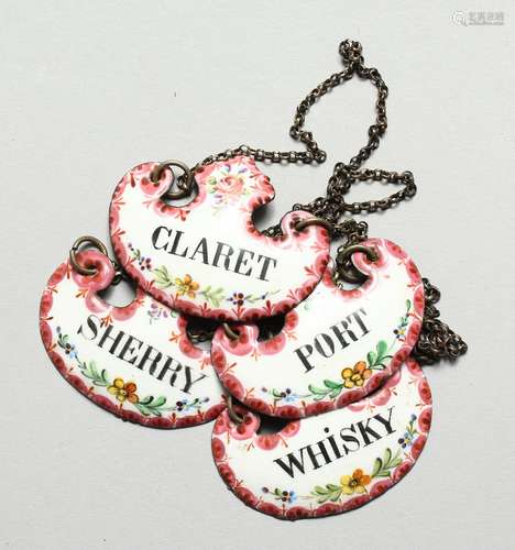 FOUR BILSTON ENAMEL WINE LABELS Port, whiskey, sherry and cl...