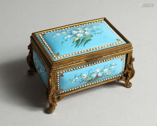 A GOOD SMALL FRENCH BLUE ENAMEL CASKET painted with hairbell...