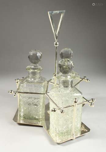 A LARGE CHRISTOPHER DRESSER DESIGN THREE WHISKY DECANTER AND...