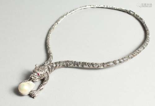 A SILVER AND MARCASITE BAROQUE PEARL PANTHER NECKLACE