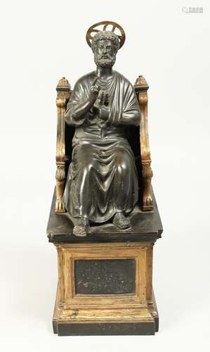 A GOOD BRONZE OF SAINT PETER sitting on a throne 14ins high.