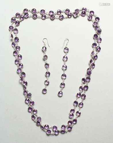 A SILVER FACET CUT AMETHYST LONG CHAIN AND EAR RINGS