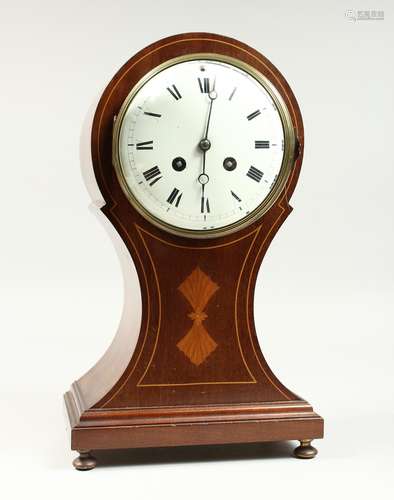 A MAHOGANY INLAID BALLOON CLOCK with blue and white dial and...