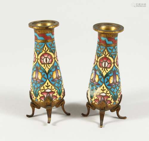 A SMALL PAIR OF CHAMPLEVE ENAMEL VASES 4ins high