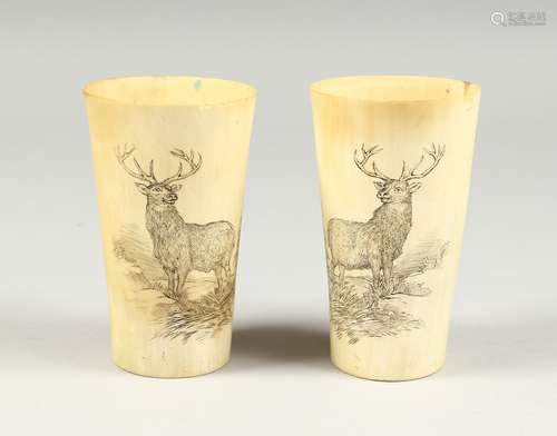 TWO SCOTTISH HORN DRINKING CUPS engraved with deer 4.5ins