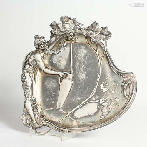 AN ART NOUVEAU PLATED DISH, classical young lady with jug an...