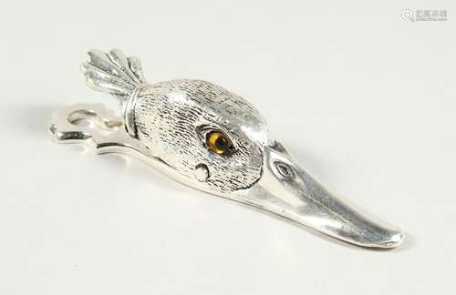 A SILVER PLATE DUCK'S HEAD PAPER CLIP 5ins long