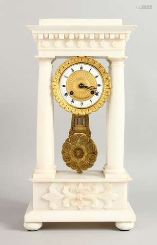 A SUPERB FRENCH EMPIRE WHITE ALABASTER PILLAR CLOCK by VILLA...