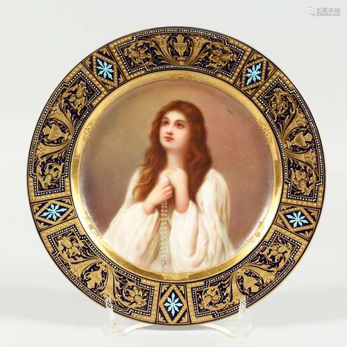 A GOOD VIENNA CIRCULAR PLATE, blue and gilt border, the cent...