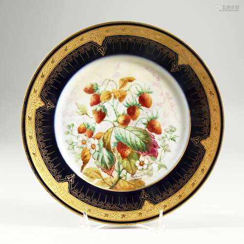 A SEVRES CIRCULAR PLATE with blue and gilt border, the centr...