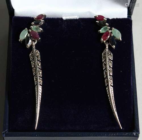 A PAIR OF SLVER, EMERALD, RUBY AND SAPPHIRE FEATHER DESIGN E...