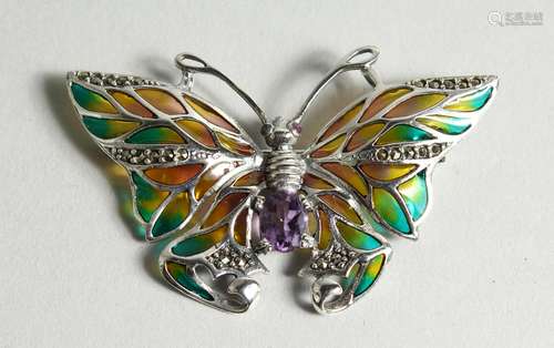 A SILVER AMETHYST SET PLIQUE ENAMEL BUTTERFLY BROOCH