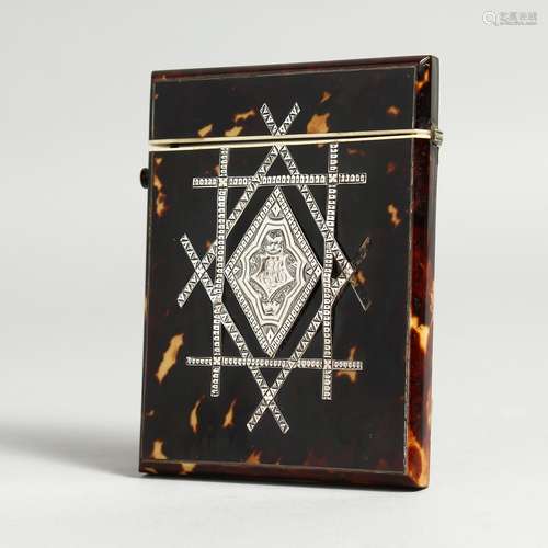 A VICTORIAN SILVER INLAID TORTOISE SHELL CALLLING CARD CASE