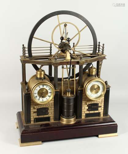 A GOOD INDUSTIRAL BRONZE STEAM ENGINE CLOCK with two dials, ...