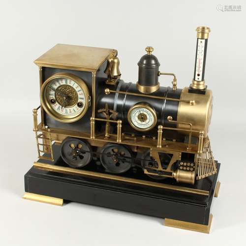 A GOOD STEAM ENGINE CLOCK with three dials, clock thermomete...