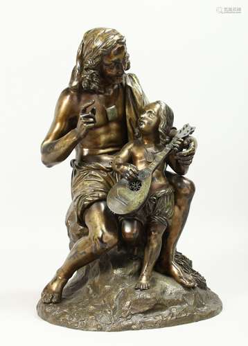 A GOOD 19TH CENTURY BRONZE GROUP a man teaching a young boy ...