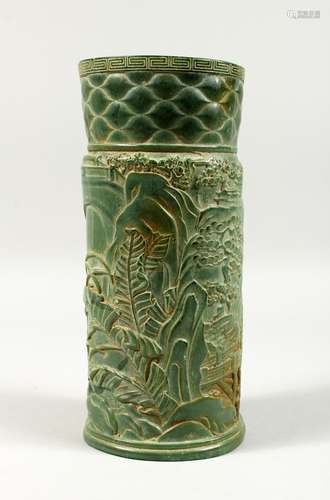 A LARGE CHINESE CARVED BAMBOO JADE VASE, carved with foliage...