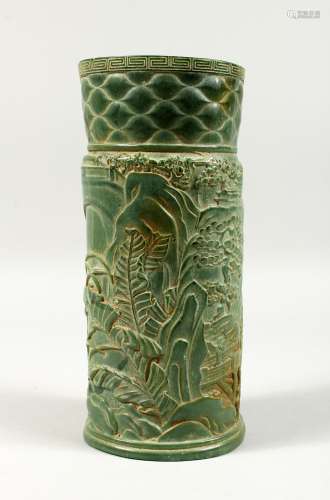 A LARGE CHINESE CARVED BAMBOO JADE VASE, carved with foliage...