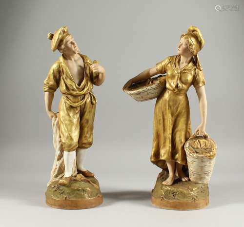 A PAIR OF ROYAL DUX FIGURES OF A MAN HOLDING A PIPE and a wo...