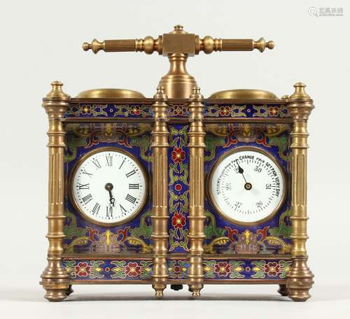 A GOOD CLOISONNE DOUBLE FRENCH CLOCK WITH CLOCK BAROMETER. 5...