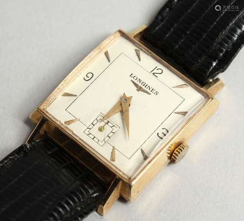 A GENTLEMAN'S 14CT GOLD WATCH with leather strap.