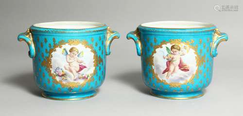 A GOOD PAIR OF SEVRES BLUE GROUND COOLERS edged in gilt and ...