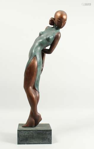 AN ABSTRACT BRONZE FIGURE OF A YOUNG LADY WEARING A DRESS, o...