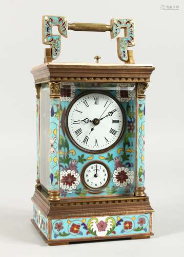 A LARGE CLOISONNE ENAMEL CARRIAGE CLOCK with strike action. ...