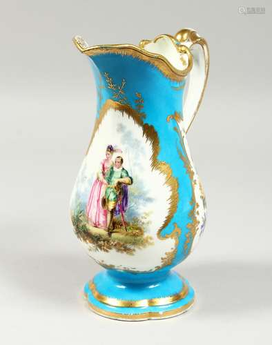 A GOOD PAIR OF SEVRES BLUE GROUND EWERS edged in gilt and pa...