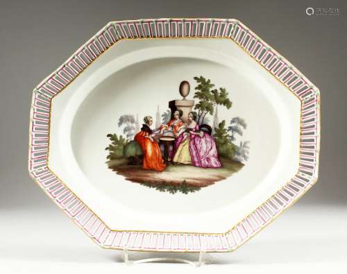 A GOOD BERLIN OCTAGONAL DISH with pierced border, the centre...