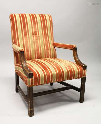 A GOOD GEORGE III DESIGN, MAHOGANY, OPEN ARMCHAIR, upholster...