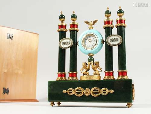 A SUPERB RUSSIAN SILVER AND JADE CLOCK TO COMMEMORATE 1613 T...