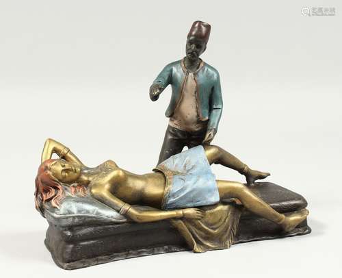 A VIENNA PAINTED COLD CAST NUDE AND FIGURE. 7ins long