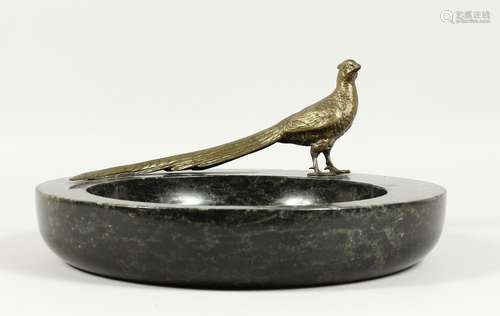 A LARGE MARBLE BOWL with a cast model of a long tailed pheas...