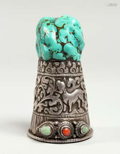 A RARE TIBETAN SILVER AND TURQUOISE SEAL