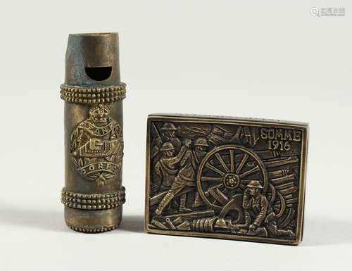 A REPRO FIRST WORLD WAR WHISTLE AND SNUFF BOX.