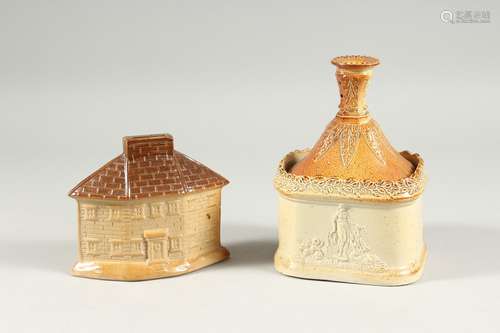 A SALTGLAZE TOBACCO POT, COVER AND LID. 6.5ins high and a Co...