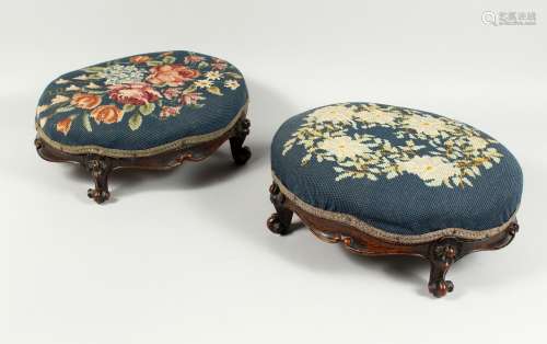 A GOOD PAIR OF VICTORIAN MAHOGANY OVAL FOOT STOOLS with need...