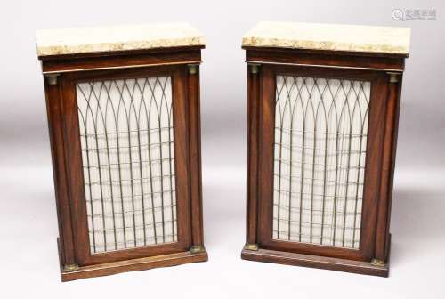 A GOOD PAIR OF REGENCY MAHOGANY PIER CABINETS with beige mar...