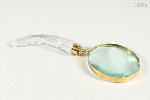 A MAGNIFYING GLASS WITH CUT GLASS HANDLE