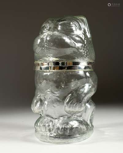 A PUG DOG GLASS BISCUIT JAR AND COVER 10ins high.