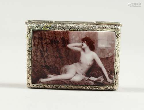 A SILVER PLATE SEPIA NUDE PILL BOX