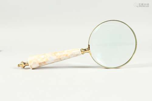 A MAGNIFYING GLASS WITH MOTHER OF PEARL HANDLE